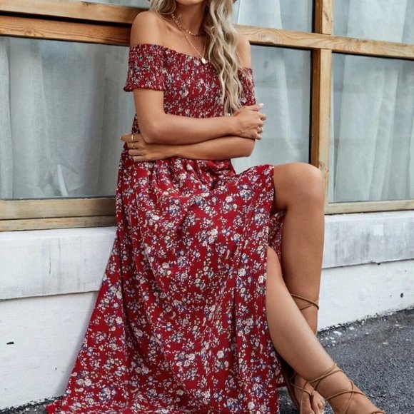 Floral High Split Off Shoulder Dress red - Picture 3 of 7